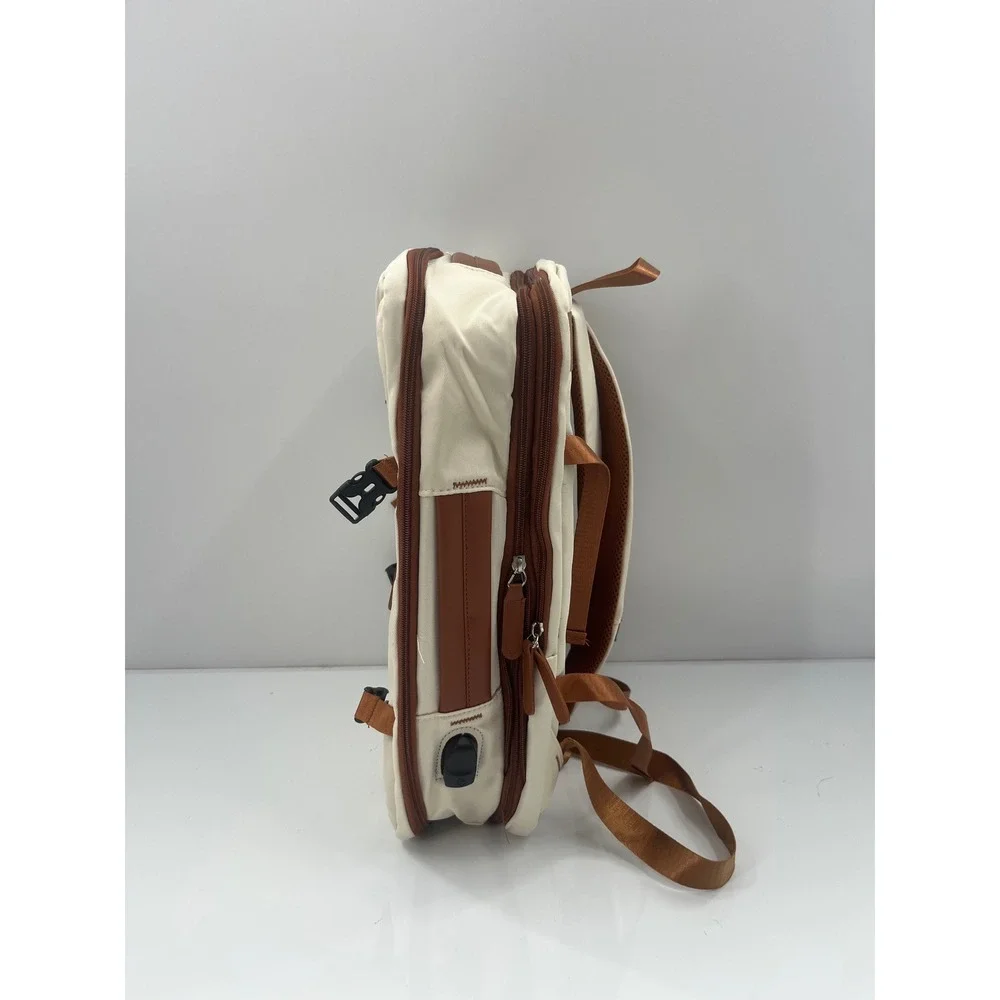 Unbranded Cream Brown Expandable Laptop Travel Backpack USB Port 17in